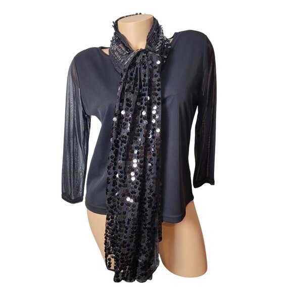 Black Sequin Scarf With Sheer Fabric Lightweight Elegant Design 21" Wide x 35.5" - Picture 3 of 16
